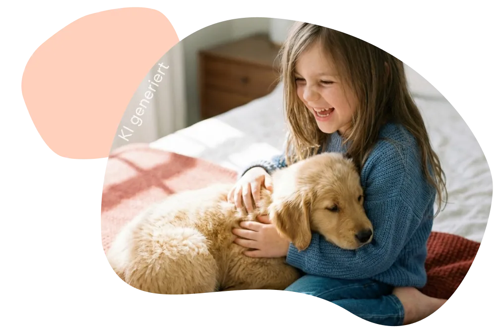 Mädchen sitzt in einem hellen Zimmer auf dem Bett und streichelt einen hellbraunen Welpen, beide im Halbprofil.