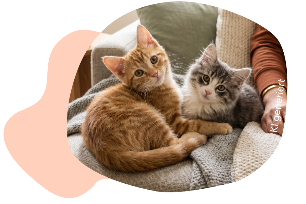 Zwei kleine Katzenkitten liegen zusammen auf der Couch und schauen frech in die Kamera
