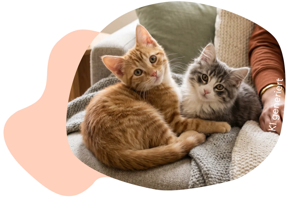 Zwei kleine Katzenkitten liegen zusammen auf der Couch und schauen frech in die Kamera