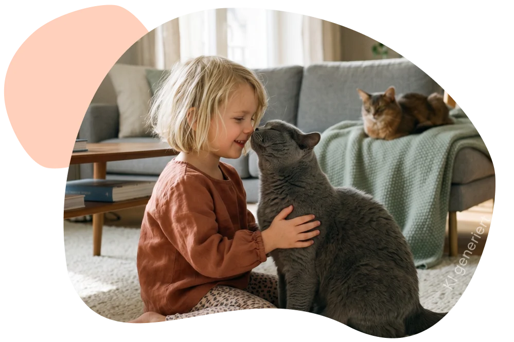 Ein kleines Mädchen schmust mit ihrer Britischkurzhaar Katze. Im Hintergrund sitzt eine zweite Rassekatze