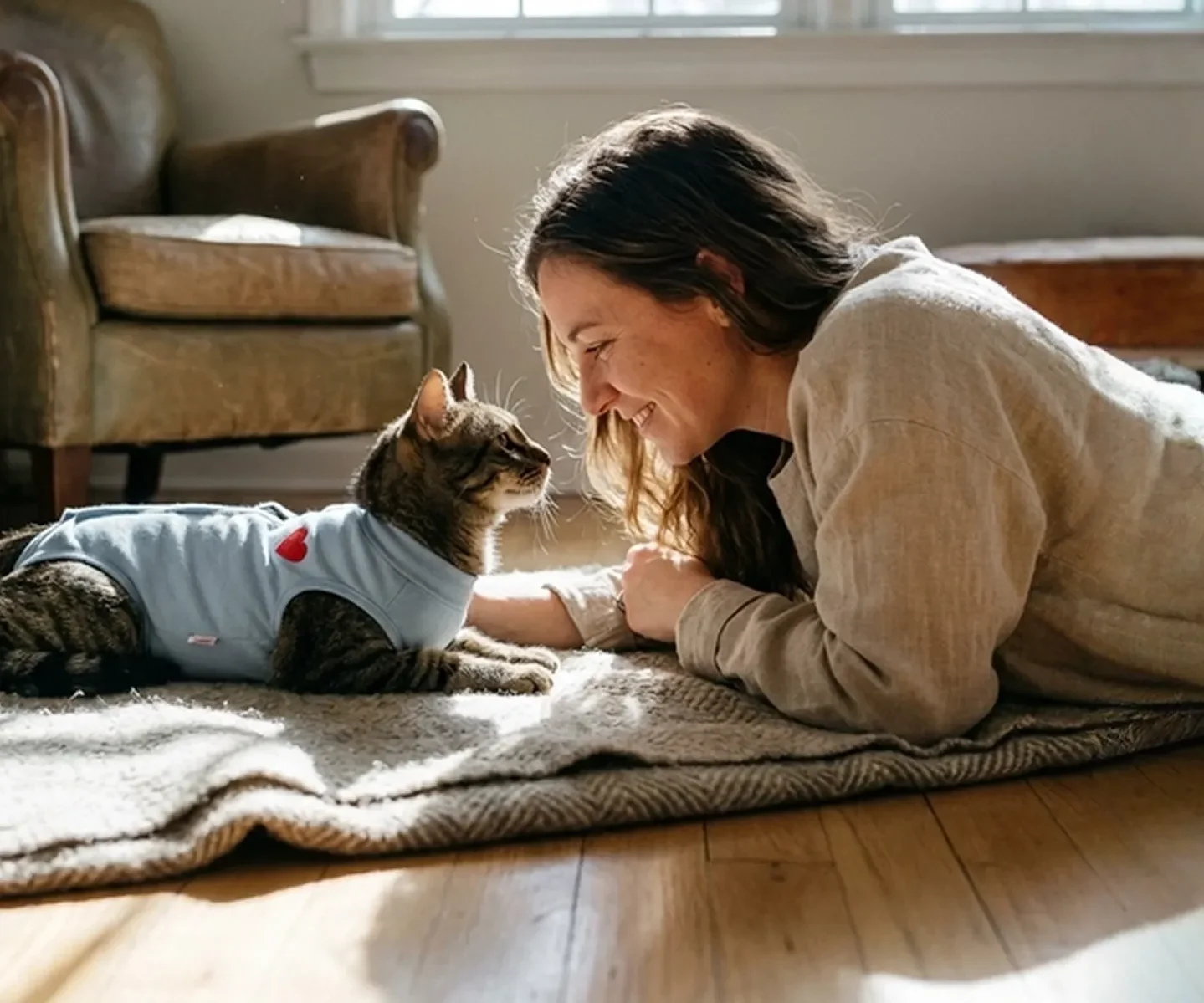 Frau liegt auf einem Teppichboden und schaut einer Katze gegenüber, die ein graues Kleidungsstück trägt | OP-Versicherung für Katzen von DA Direkt