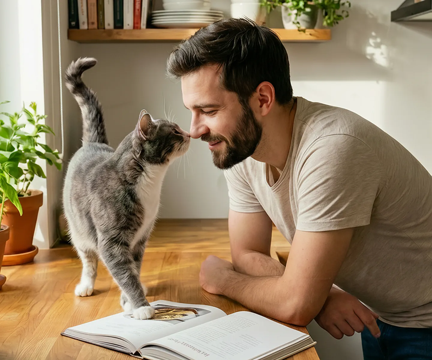 Eine grau-weiße Katze schnuppert an einem Mann, der sich über ein offenes Buch auf einem Holztisch beugt.
