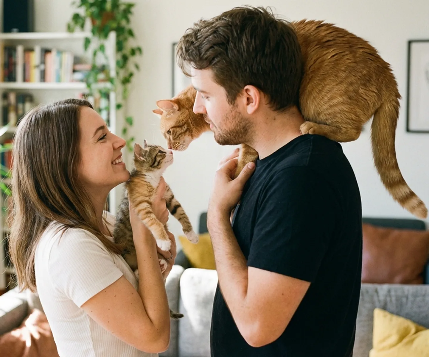 Eine Frau und ein Mann halten je eine Katze; eine sitzt auf der Schulter, eine im Arm; die sich in der Mitte neugierig beschnuppern.