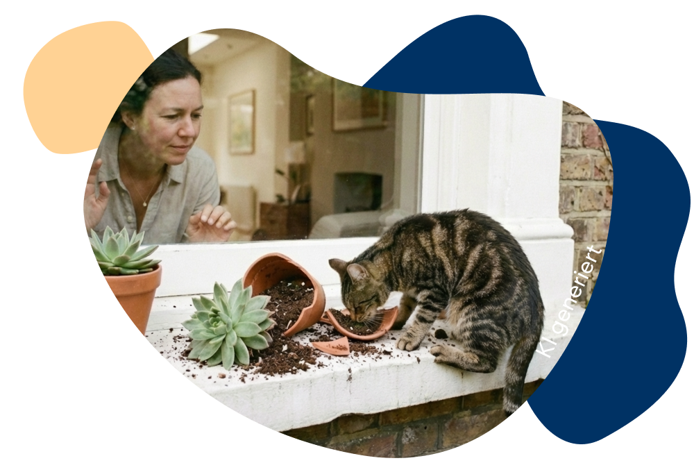 Katze sitzt auf einer fremden Fensterbank und schaut neugierig auf den kaputten Pflanzentopf, den sie umgeworfen hat. Die Besitzerin steht am Fenster und beobachtet das Geschehen. 