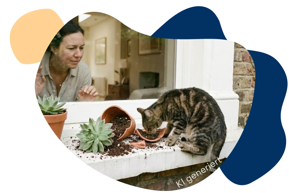 Katze sitzt auf einer fremden Fensterbank und schaut neugierig auf den kaputten Pflanzentopf, den sie umgeworfen hat. Die Besitzerin steht am Fenster und beobachtet das Geschehen.