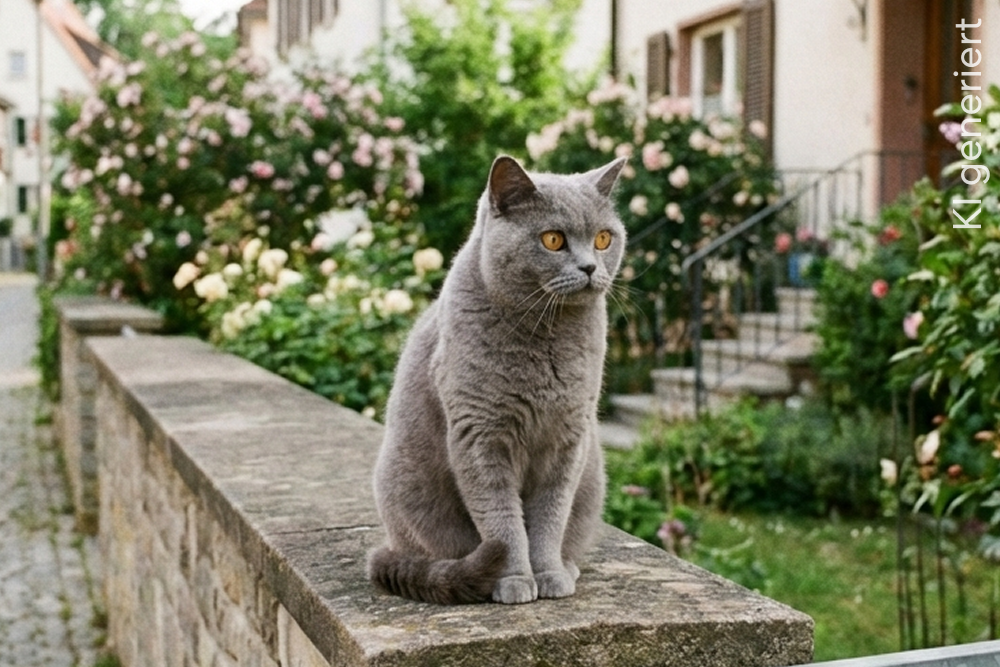 Graue Katze sitzt entspannt auf einer Mauer im Garten, im Hintergrund grüne Büsche und blühende Pflanzen.