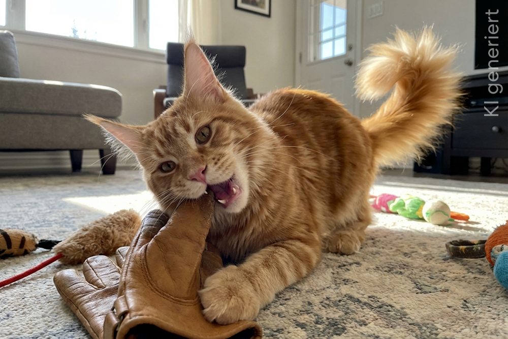 Große rote Maine-Coon-Katze liegt spielerisch auf einem Teppich im Wohnzimmer und spielt mit einem braunen Lederschuh.