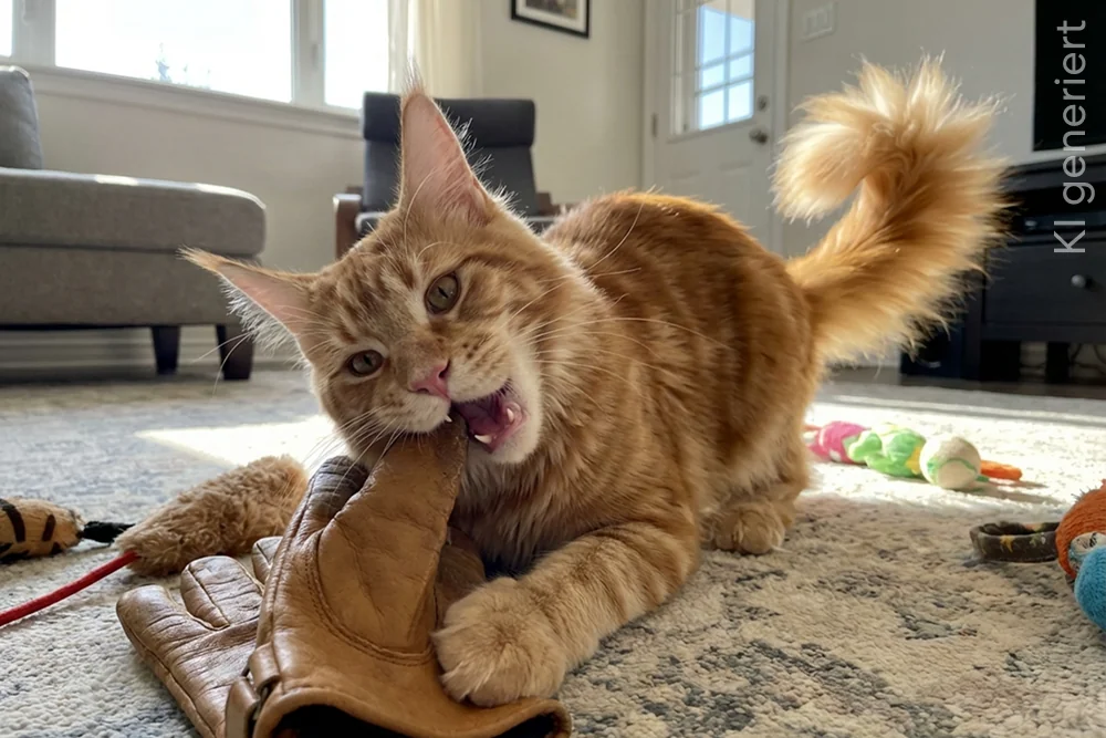 Große rote Maine-Coon-Katze liegt spielerisch auf einem Teppich im Wohnzimmer und spielt mit einem braunen Lederschuh.