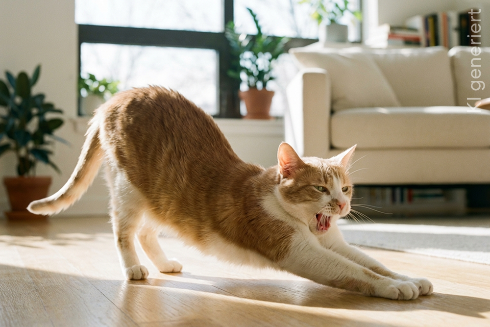 Eine Mischlingskatze streckt sich genüsslich.