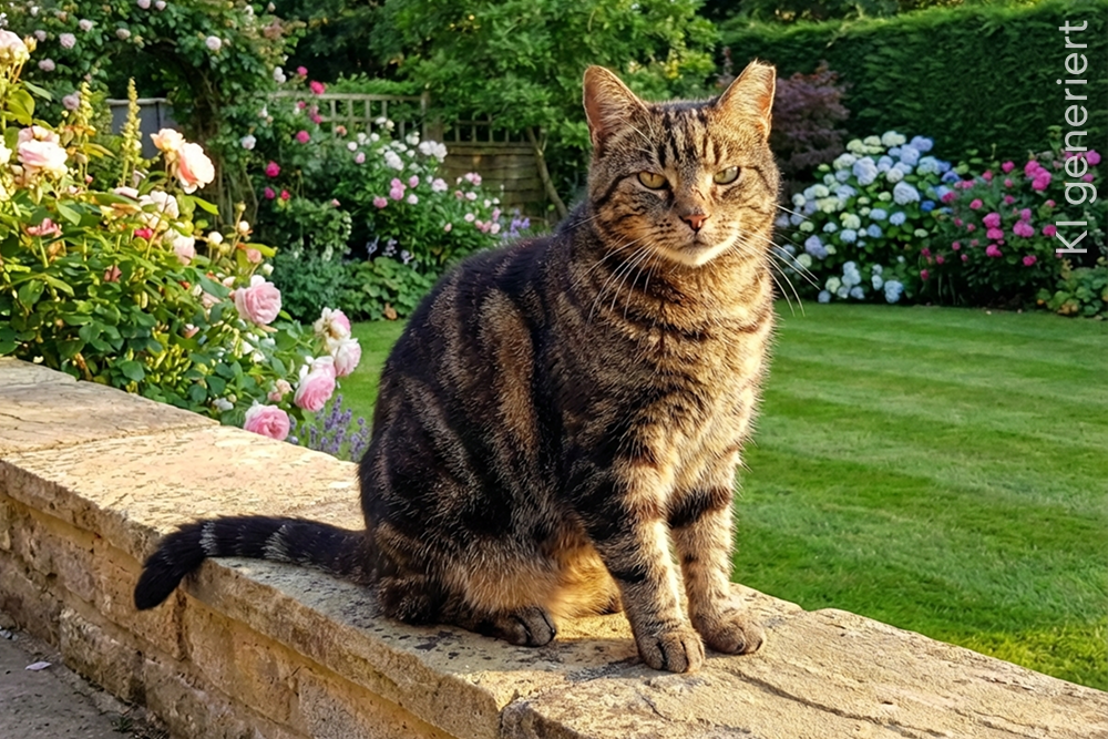 Getigerte Katze sitzt aufmerksam auf einer Steinmauer im Garten, im Hintergrund blühende Blumen und Rasen.