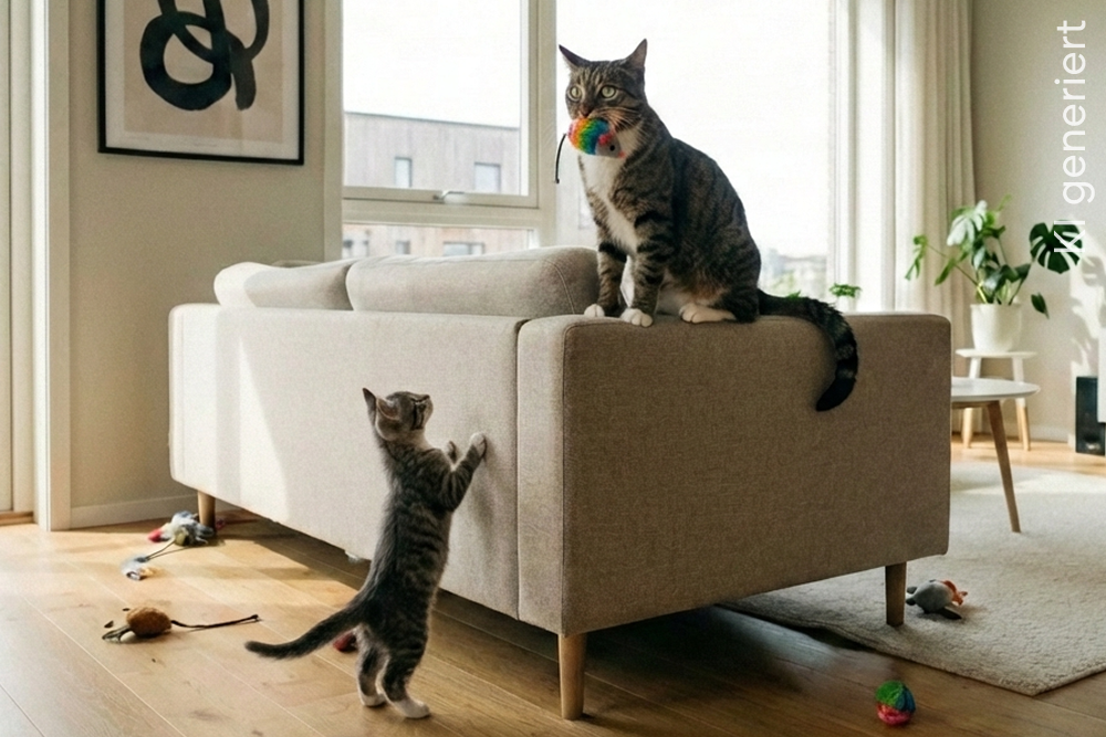 Getigerte Katze sitzt auf der Sofalehne, während ein kleines Kätzchen sich am Sofa hochstreckt; helle, wohnliche Umgebung.