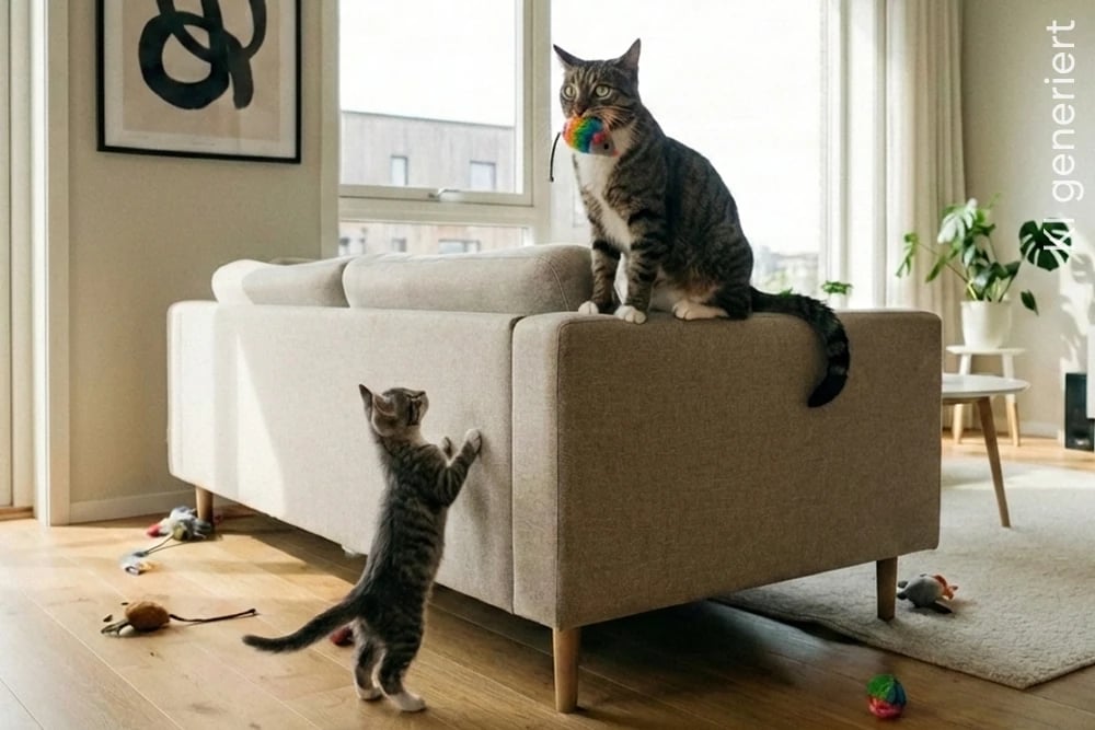 Getigerte Katze sitzt auf der Sofalehne, während ein kleines Kätzchen sich am Sofa hochstreckt; helle, wohnliche Umgebung.