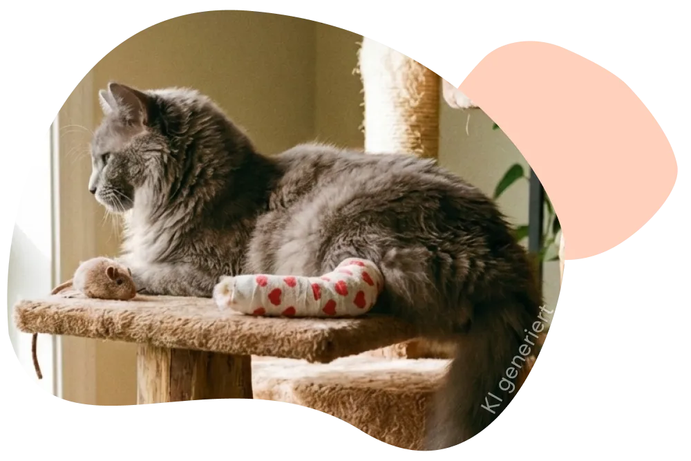 Graue Langhaarkatze liegt auf einem Kratzbaum und schaut aus dem Fenster, eine Vorderpfote ist mit einem weißen Verband mit roten Herzen bandagiert; neben ihr liegt ein kleines Stoffmäuschen.