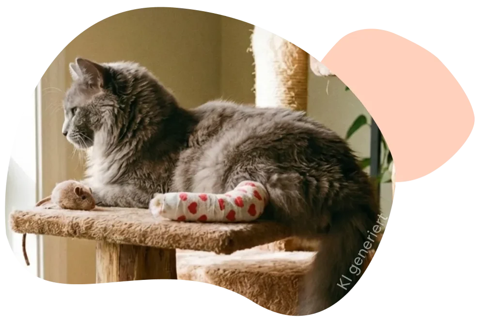 Graue Langhaarkatze liegt auf einem Kratzbaum und schaut aus dem Fenster, eine Vorderpfote ist mit einem weißen Verband mit roten Herzen bandagiert; neben ihr liegt ein kleines Stoffmäuschen.