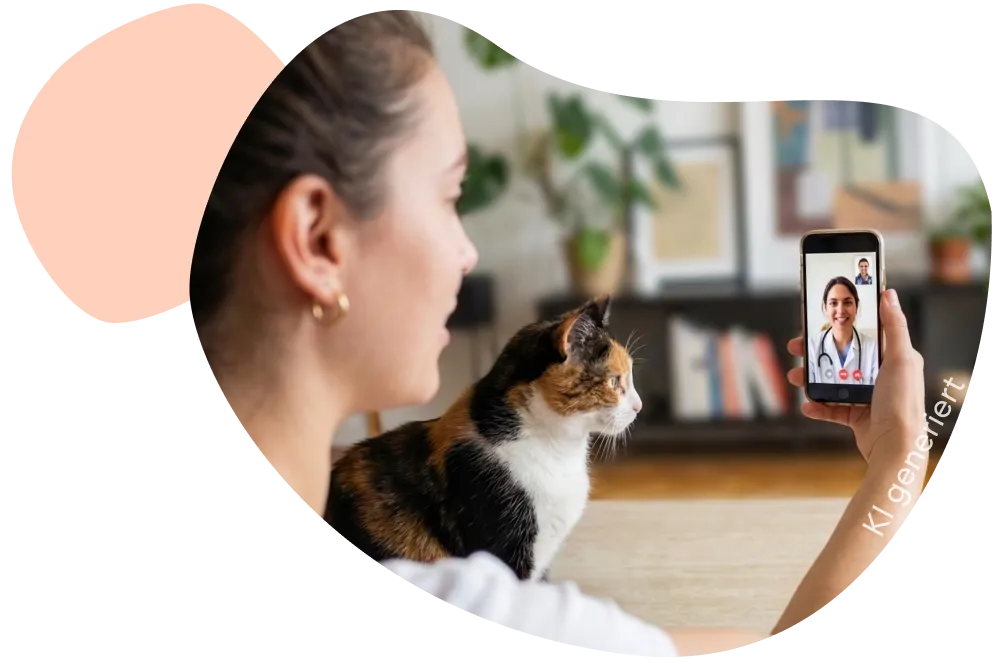 Person sitzt mit einer dreifarbigen Katze auf dem Sofa und hält ein Smartphone in der Hand, auf dessen Display ein Videoanruf mit einer Tierärztin zu sehen ist; im Hintergrund ein unscharfes Wohnzimmer mit Pflanzen und Bücherregal.