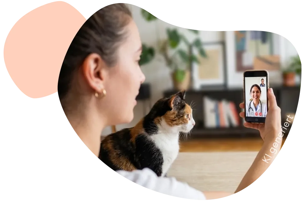 Person sitzt mit einer dreifarbigen Katze auf dem Sofa und hält ein Smartphone in der Hand, auf dessen Display ein Videoanruf mit einer Tierärztin zu sehen ist; im Hintergrund ein unscharfes Wohnzimmer mit Pflanzen und Bücherregal.