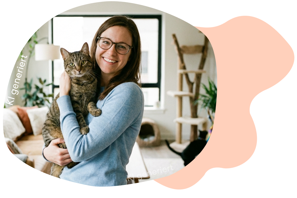Frau umarmt ihre Katze.