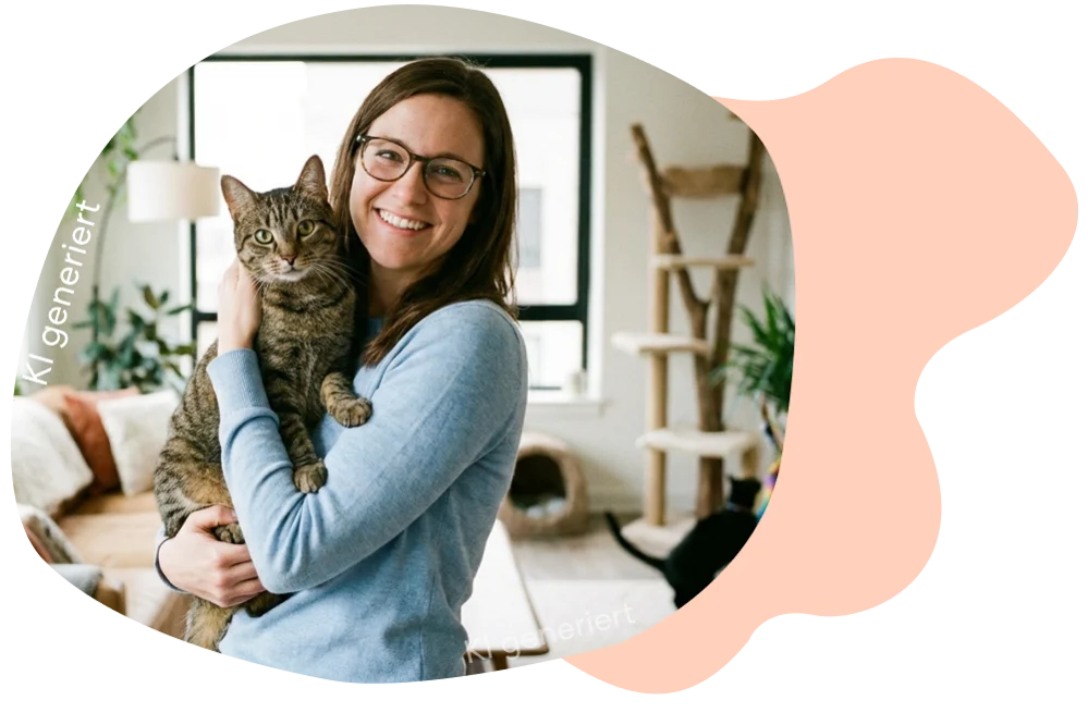 Frau umarmt ihre Katze.