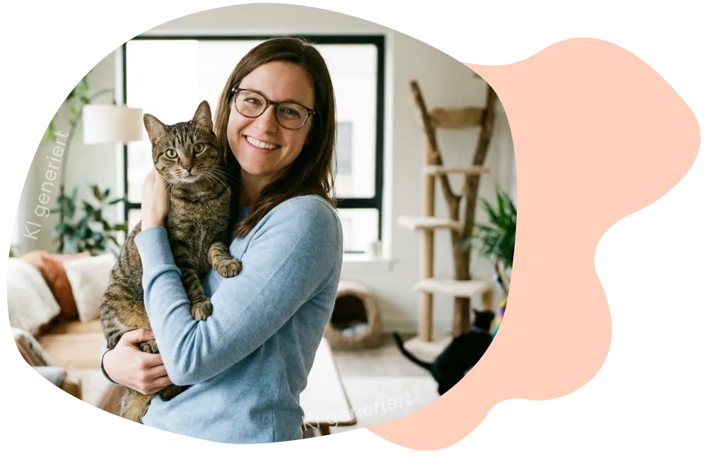 Frau umarmt ihre Katze.