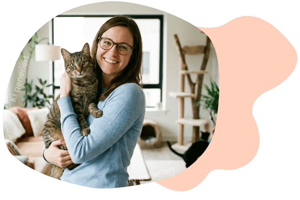 Frau umarmt ihre Katze.