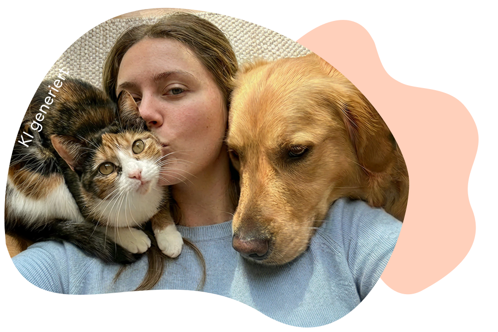 Frau kuschelt mit Hund und Katze