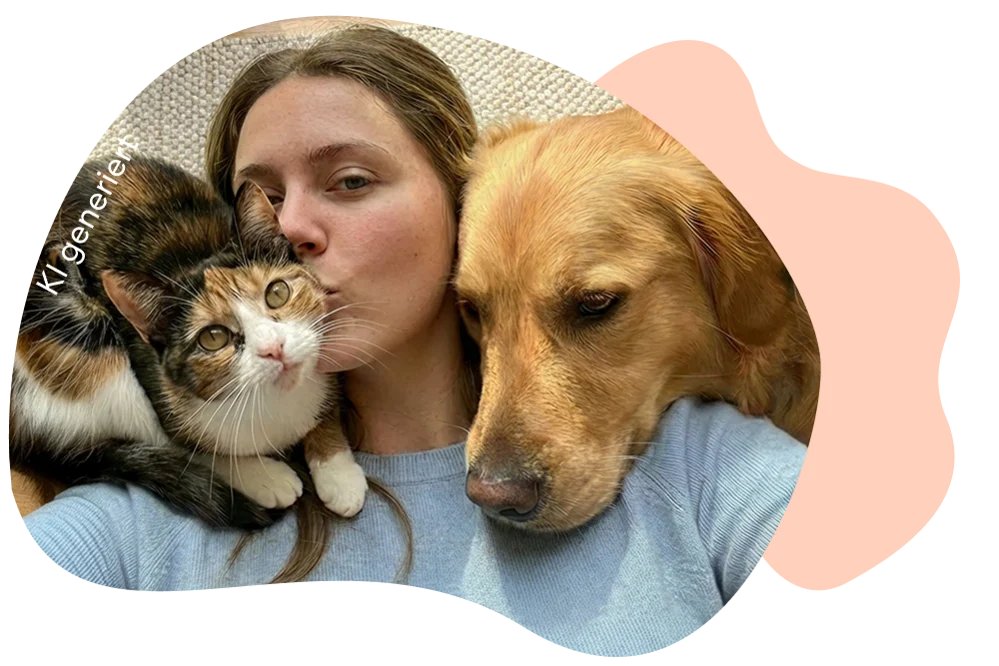 Frau kuschelt mit Hund und Katze