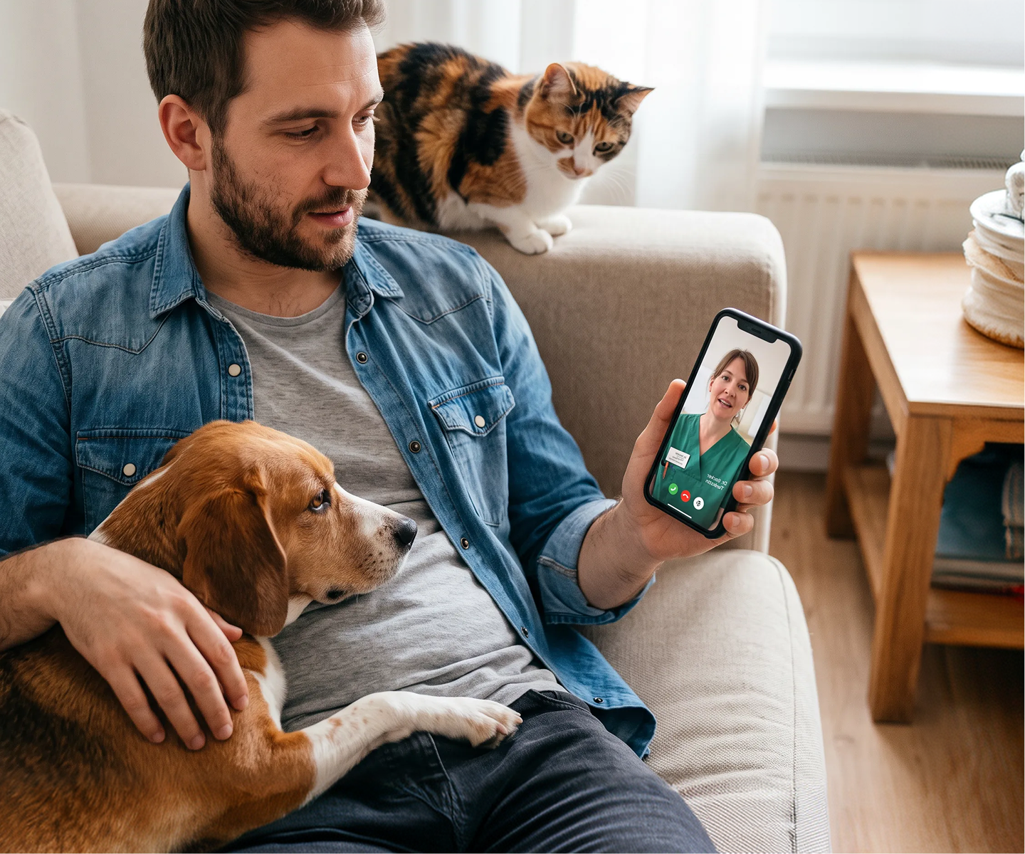 Mann führt einen Videocall mit einem Onlinetierarzt, ein Hund und eine Katze dicht an seiner Seite.