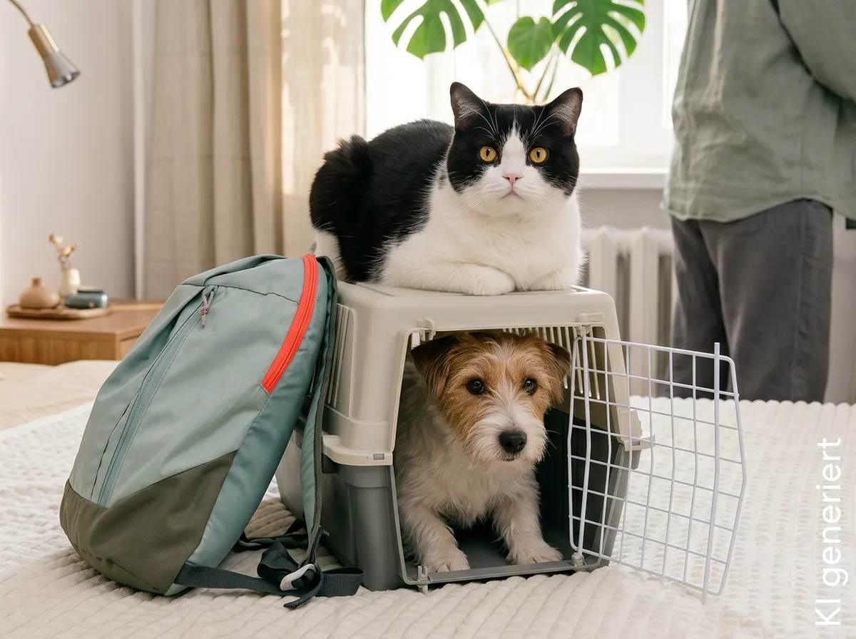 Schwarz-weiße Katze sitzt entspannt auf einer geöffneten Transportbox, in der ein kleiner braun-weißer Hund neugierig herausschaut; daneben liegt ein Rucksack auf einem Bett in einer hellen, gemütlichen Wohnung.