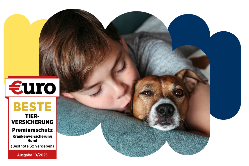 €uro-Magazin Siegel: Beste Tierversicherung für den Premiumschutz der DA Direkt Hundekrankenversicherung neben einem kleinen Jungen, der seinen Hund auf die Wange küsst