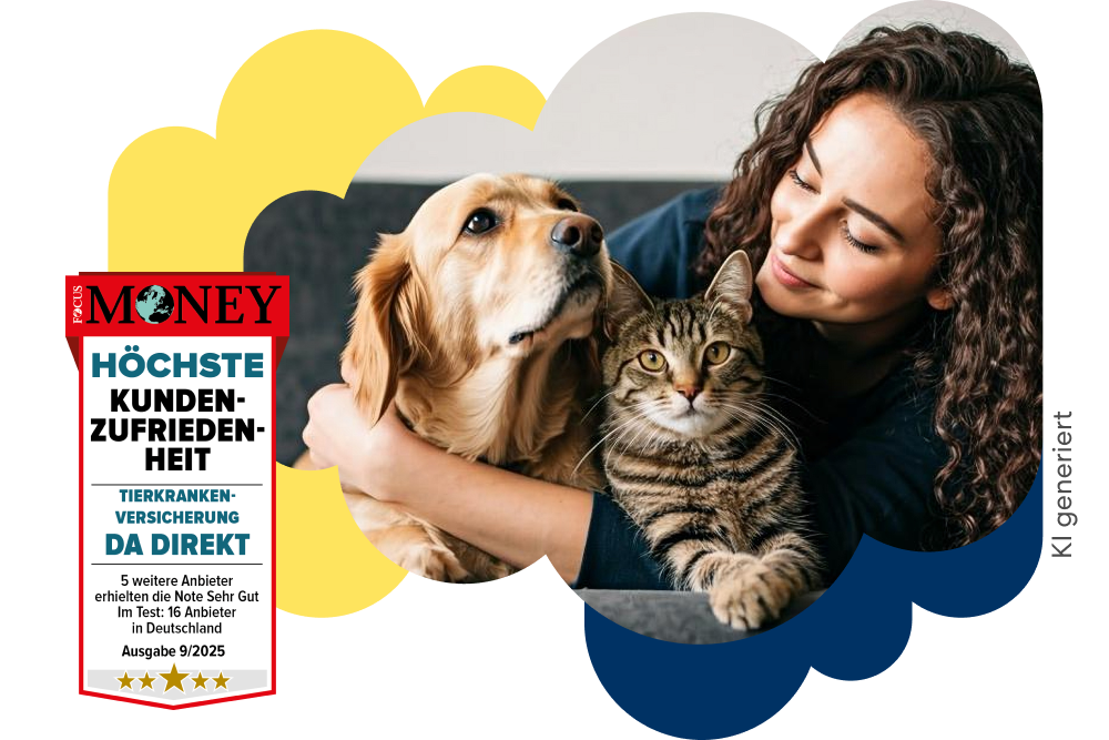 Fokus Money Siegel: Höchste Kundenzufriedenheit für die DA Direkt Tierkrankenversicherung neben einer Frau, die ihren Hund und ihre Katze im Arm hält