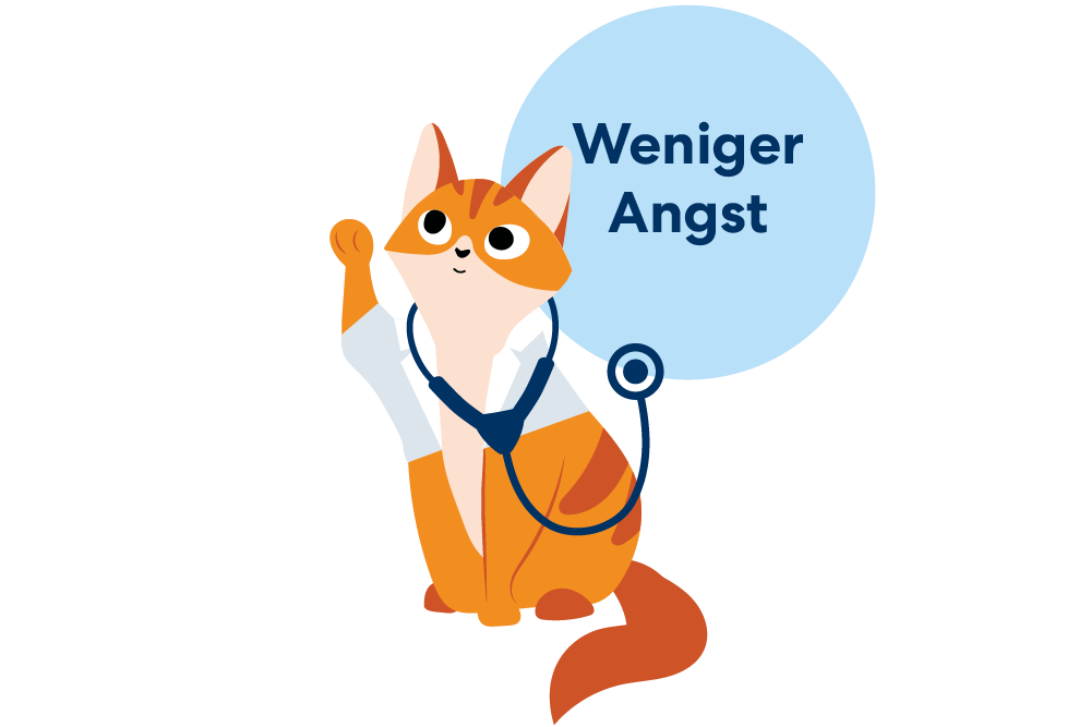Illustration einer Katze, mit einem Stethoskop. Daneben ein blauer Kreis mit dem Schriftzug "Weniger Angst"