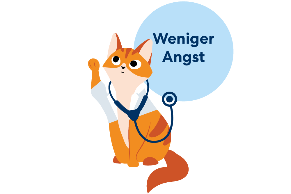 Illustration einer Katze, mit einem Stethoskop. Daneben ein blauer Kreis mit dem Schriftzug "Weniger Angst"