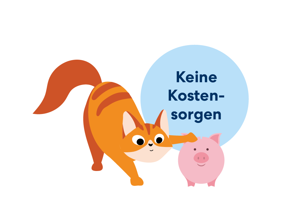 Illustration einer Katze, die ihre Tatze neugierig auf ein Sparschwein legt. Daneben ein blauer Kreis mit dem Schriftzug "Keine Kostensorgen"