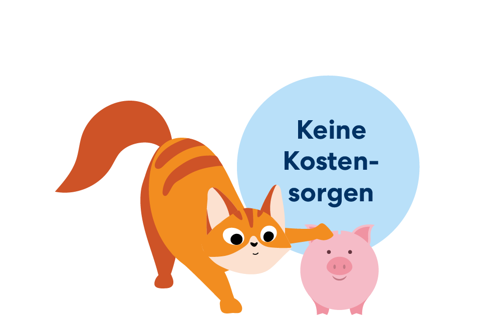 Illustration einer Katze, die ihre Tatze neugierig auf ein Sparschwein legt. Daneben ein blauer Kreis mit dem Schriftzug "Keine Kostensorgen"