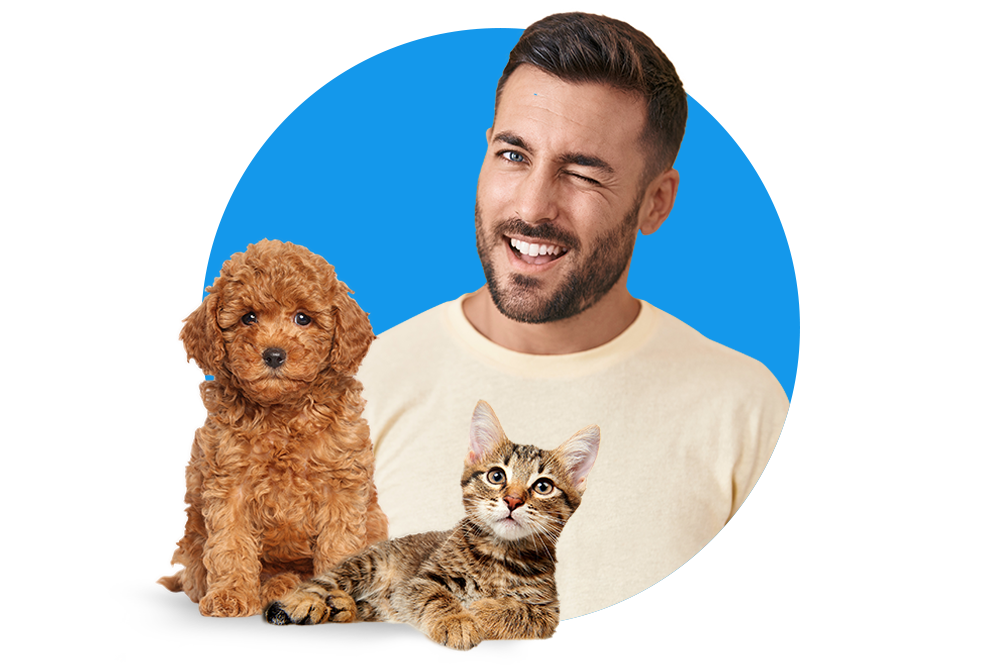 Mann mit Hund und Katze