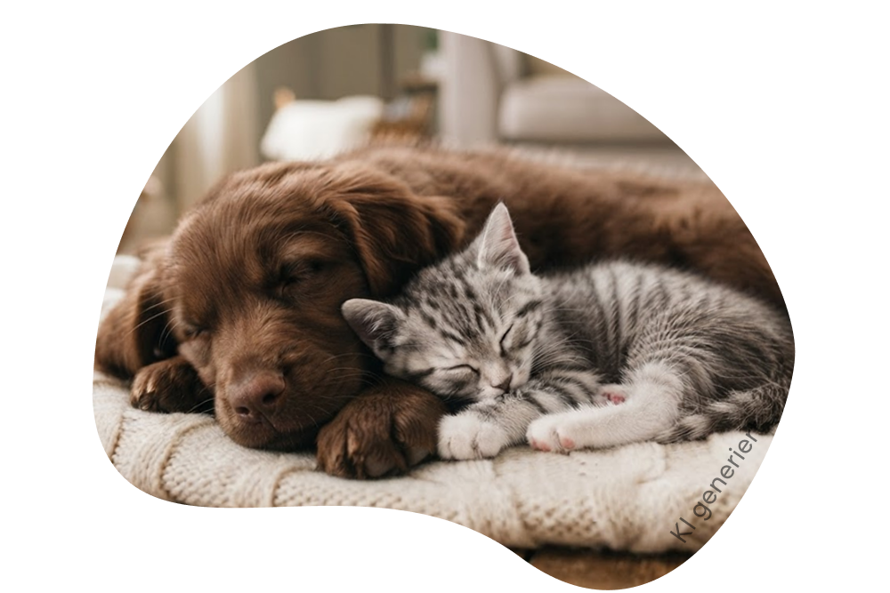 Ein Hund und eine Katze schlafen auf einer Decke auf dem Boden.