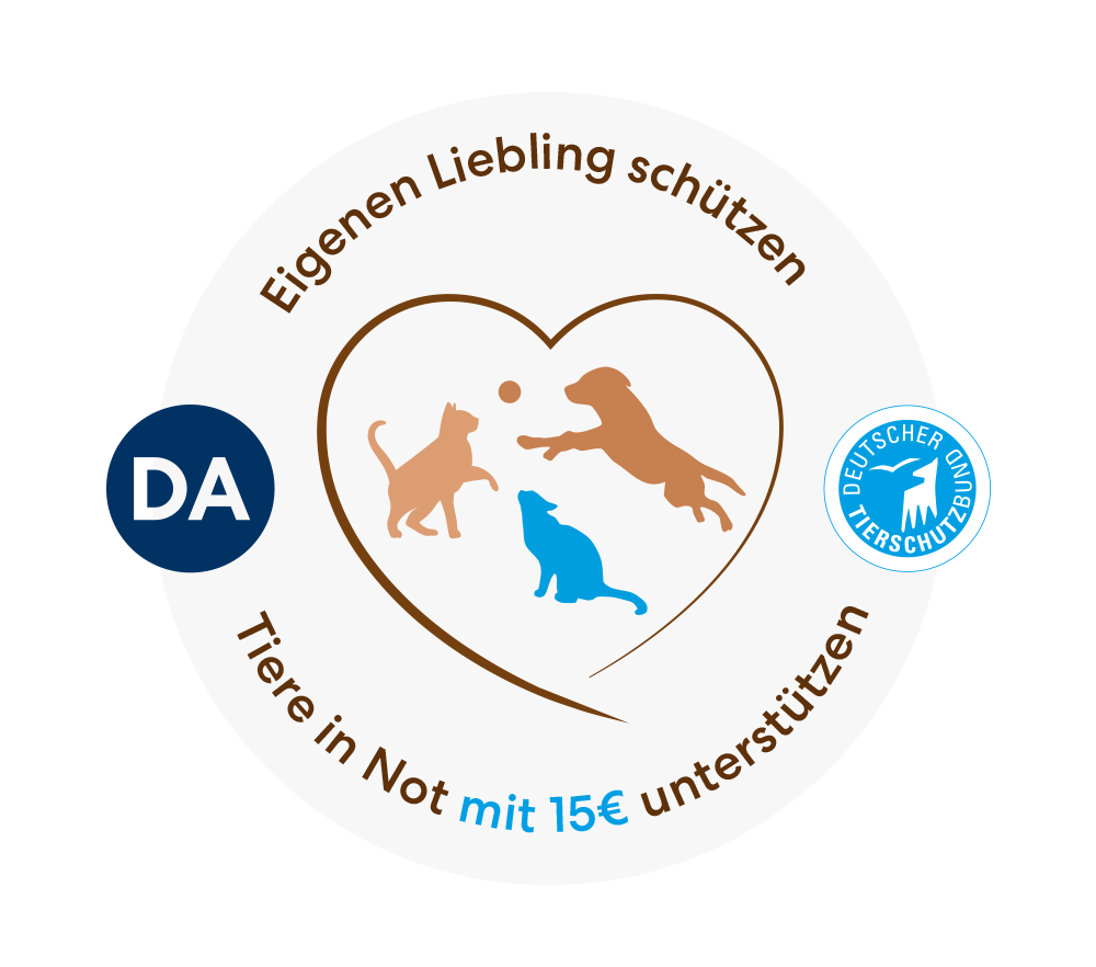 Tiere in Not mit 15 Euro unterstützen Schriftzug mit DA Direkt und Deutscher Tierschutzbund e.V. Logo