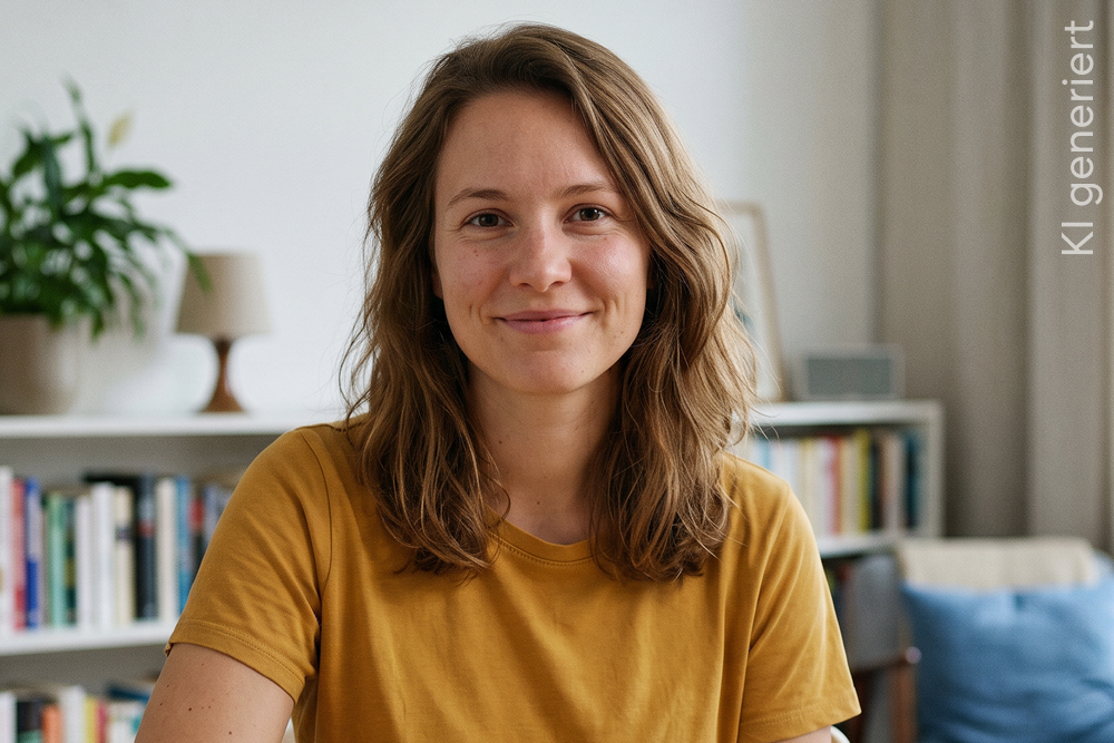 Junge Frau im gelben T-Shirt sitzt in einem Wohnzimmer vor einem Bücherregal und lächelt freundlich in die Kamera.
