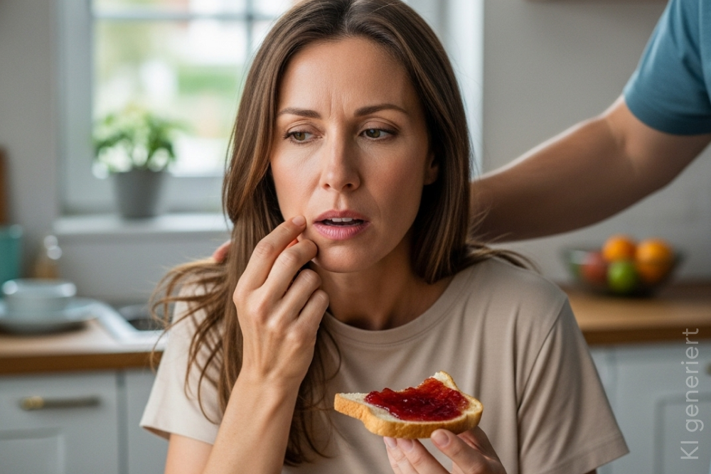 Eine Frau sitzt in der Küche am Tisch sitzt und hält mit der einen Hand ein Marmeladenbrot hält und mit der anderen fasst sie sich an ihren Kiefer, im Kontext Zahnzusatzversicherung und Soforthilfe von DA Direkt