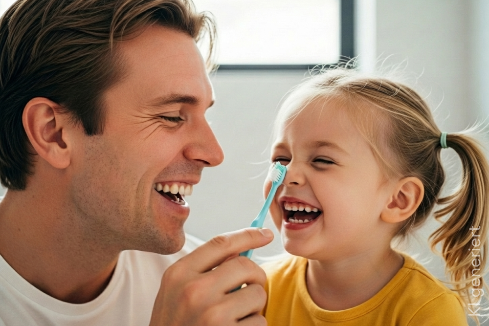 Vater tippt Tochter spielerisch mit der Zahnbürste auf die Nase