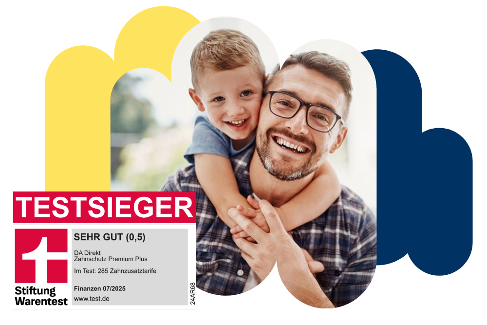 Ein Vater mit Kind, die sich umarmen. Im Vordergrund ein Stiftung Warentest-Siegel.