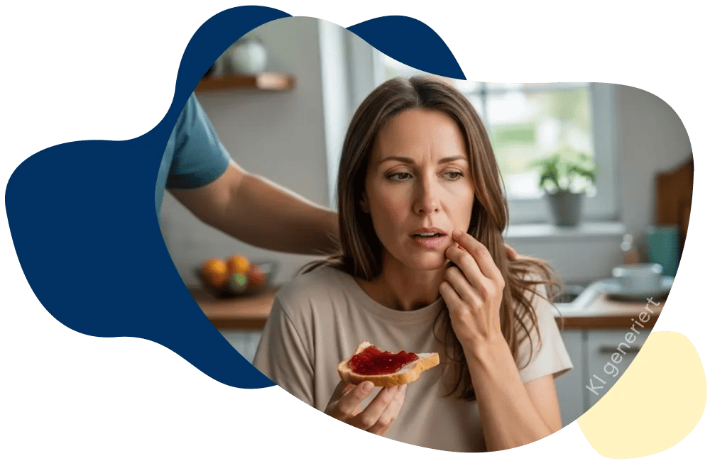 Bildkomposition von einer Frau, die in der Küche am Tisch sitzt und mit der einen Hand ein Marmeladenbrot hält und mit der anderen an ihren Kiefer fasst, im Kontext Zahnzusatzversicherung und Soforthilfe von DA Direkt