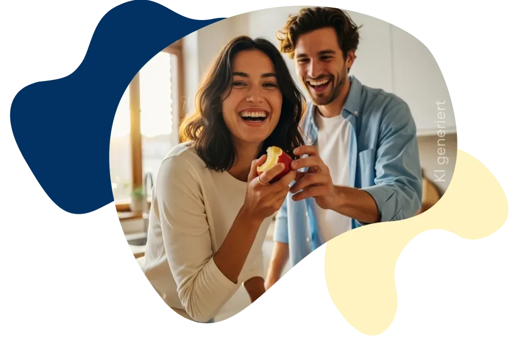 Bildkomposition von einem Mann und einer Frau , die gemeinsam einen Apfel essen