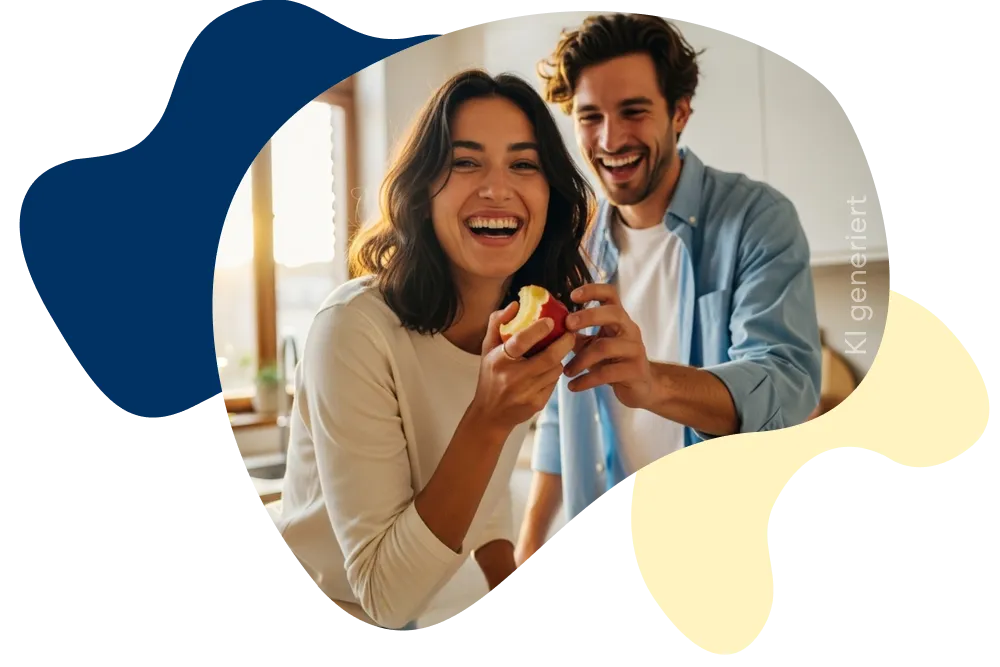 Bildkomposition von einem Mann und einer Frau , die gemeinsam einen Apfel essen