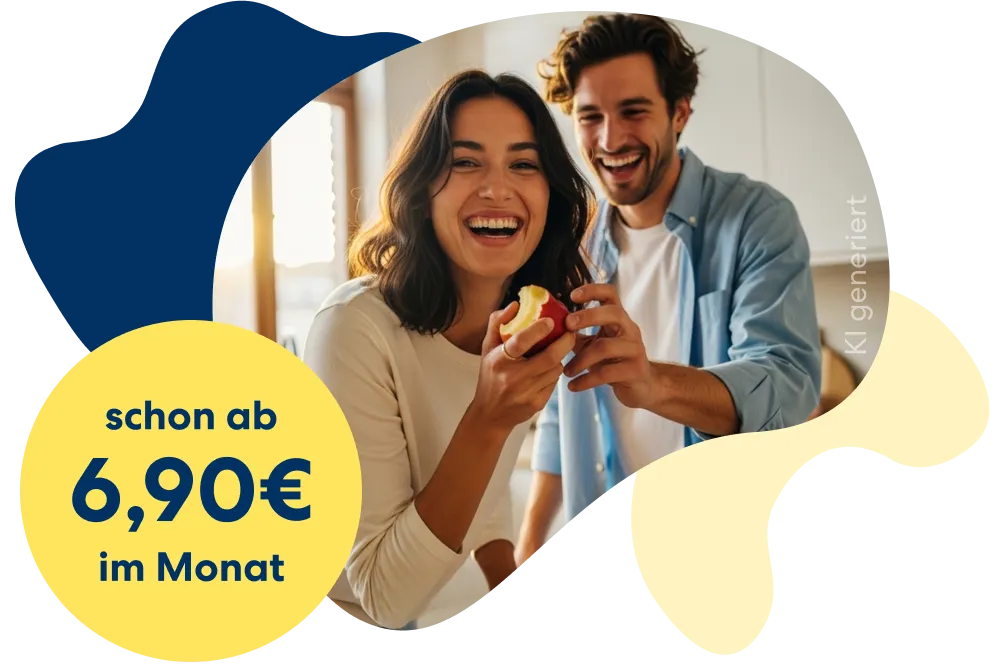 Bildkomposition von einem Mann und einer Frau , die gemeinsam einen Apfel essen neben einem Störer mit dem Text 'schon ab 6,90 € im Monat'