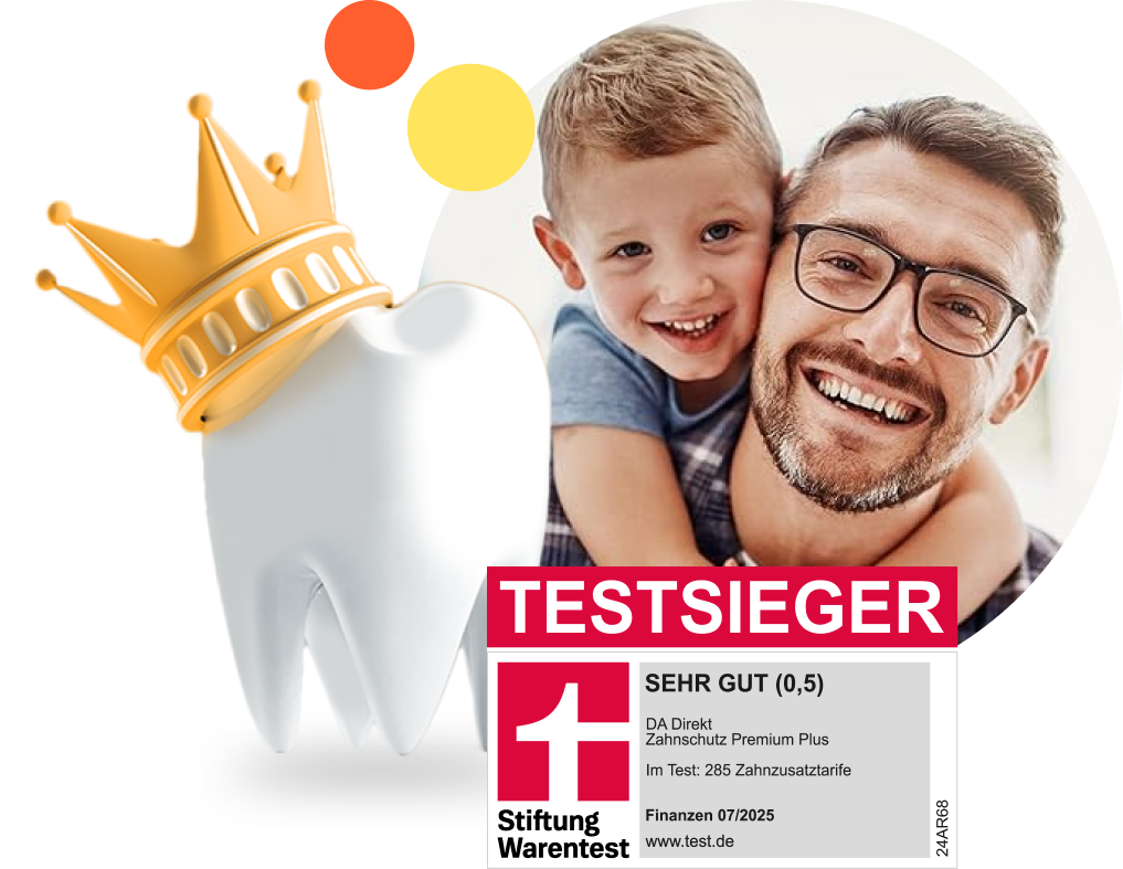Zahn mit goldener Krone, daneben ein Vater mit Kind, die sich umarmen. Im Vordergrund ein Stiftung Warentest-Siegel.