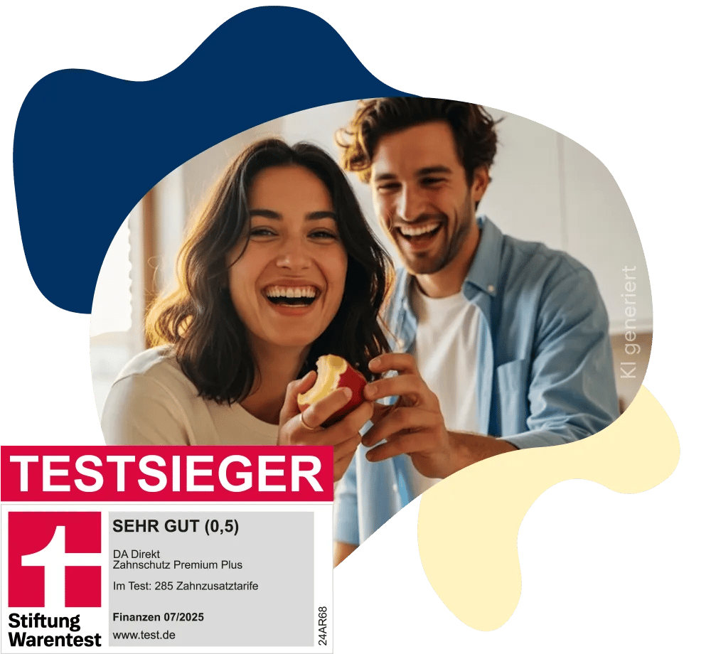 Zahn mit goldener Krone, daneben ein Vater mit Kind, die sich umarmen. Im Vordergrund ein Stiftung Warentest-Siegel.