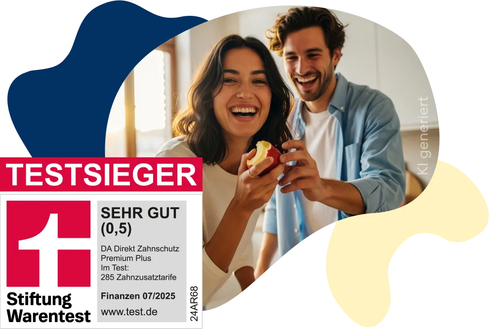 Zahn mit goldener Krone, daneben ein Vater mit Kind, die sich umarmen. Im Vordergrund ein Stiftung Warentest-Siegel.
