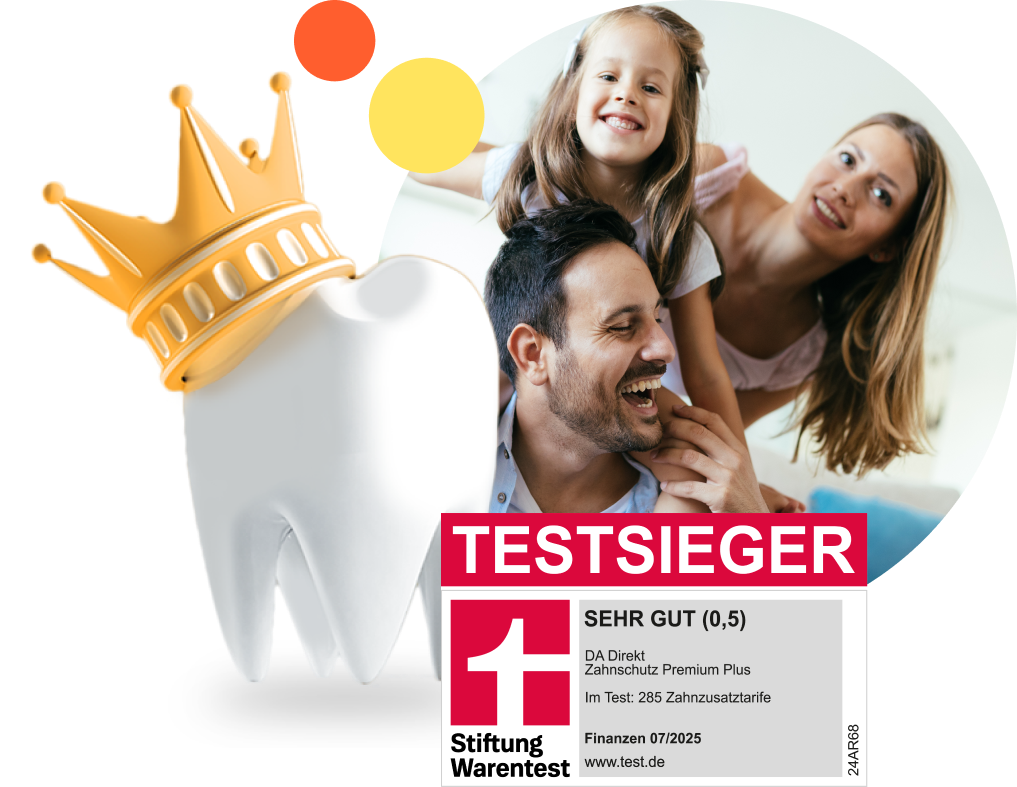 Großer Zahn mit goldener Krone, daneben eine fröhliche Familie. Im Vordergrund ein rotes Stiftung Warentest-Siegel.