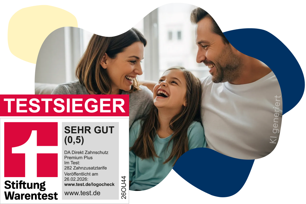 Großer Zahn mit goldener Krone, daneben eine fröhliche Familie. Im Vordergrund ein rotes Stiftung Warentest-Siegel.